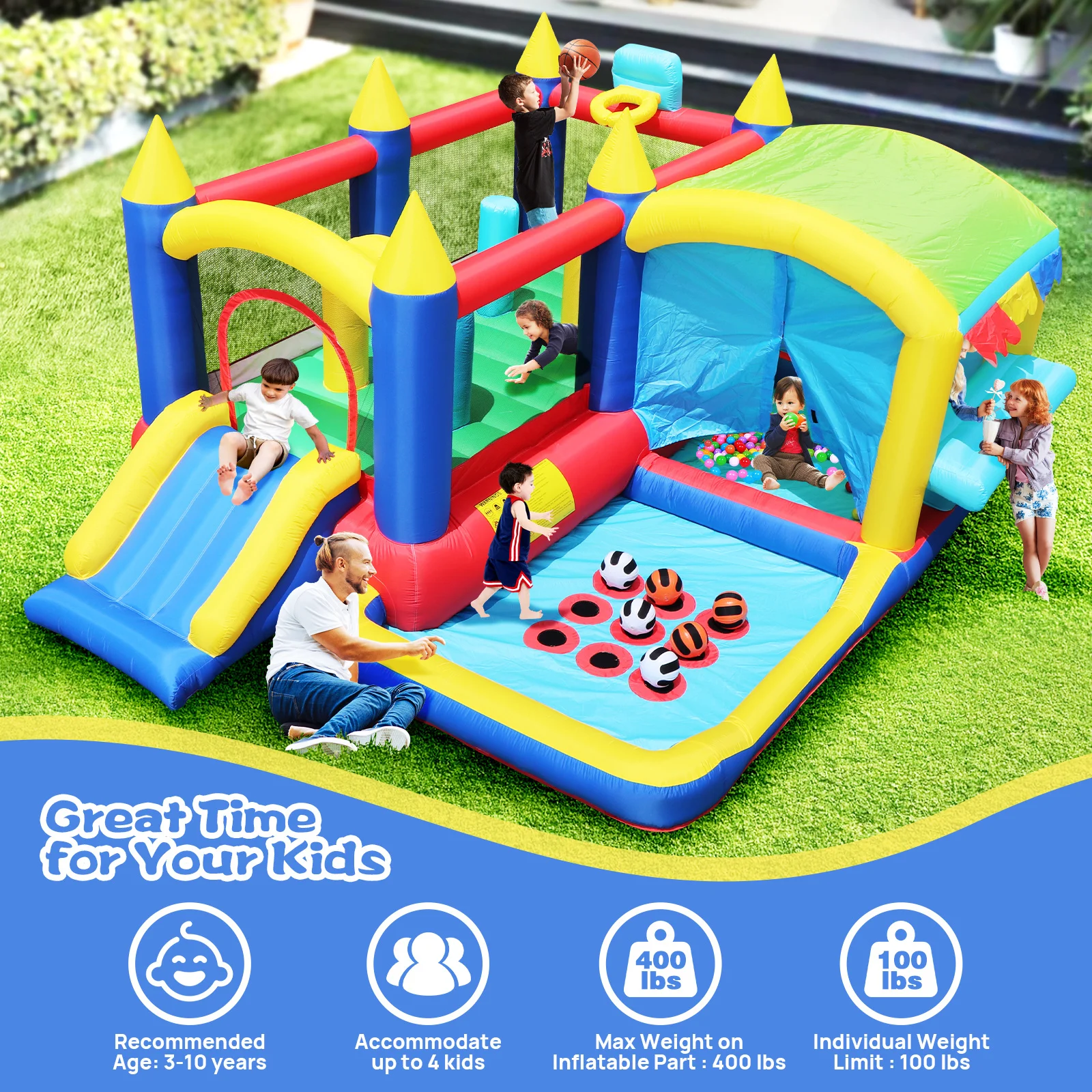 With Ball Pit for Birthday Party Gifts Bouncy House with Ball Pit for Kids Indoor Outdoor Party Family Fun, Obstacles,