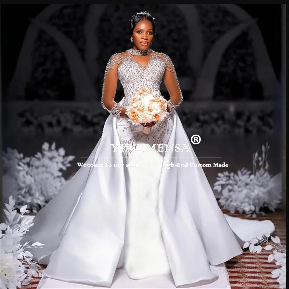 

Bride Metallic Jewelry Beaded Mermaid Wedding Dress Detachable Train Customized Illusion Sleeves Crystals Beaded Bridal Gowns