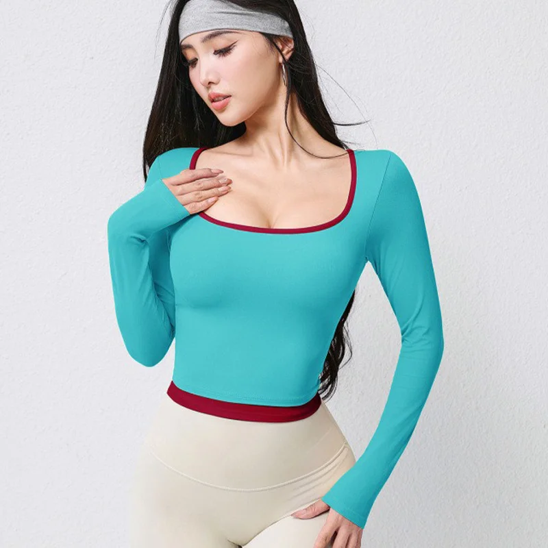 

Спортивный топ PofyBofy с длинным рукавом и встроенным бюстгальтером, укороченный, с квадратным вырезом, для йоги и фитнеса, имитация двухслойности