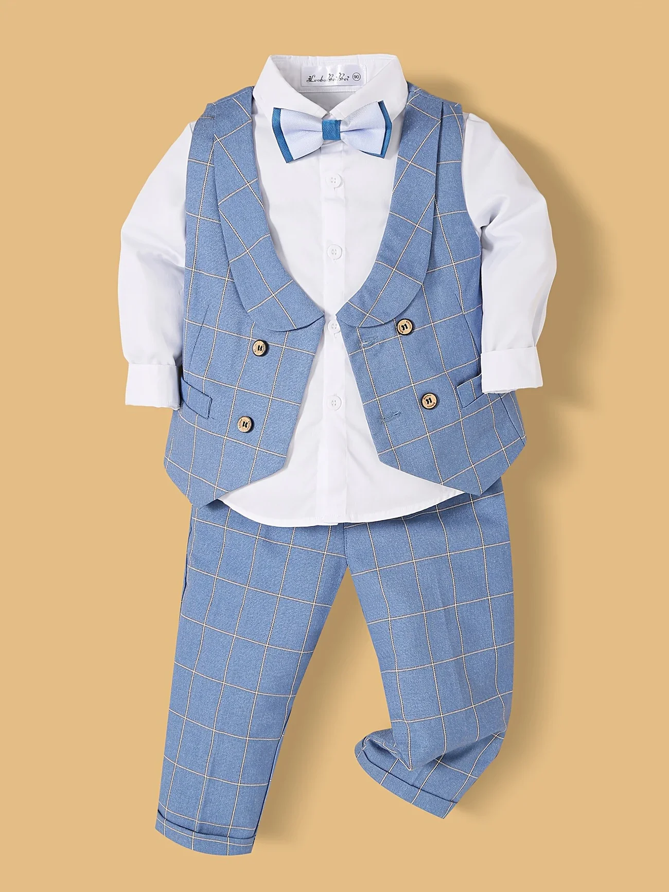 Gentleman Boys Vest Pants Bowtie 3Pieces Wedding Birthday Party Dress Kids Formal Blue Plaid Photography Outfit Suit
