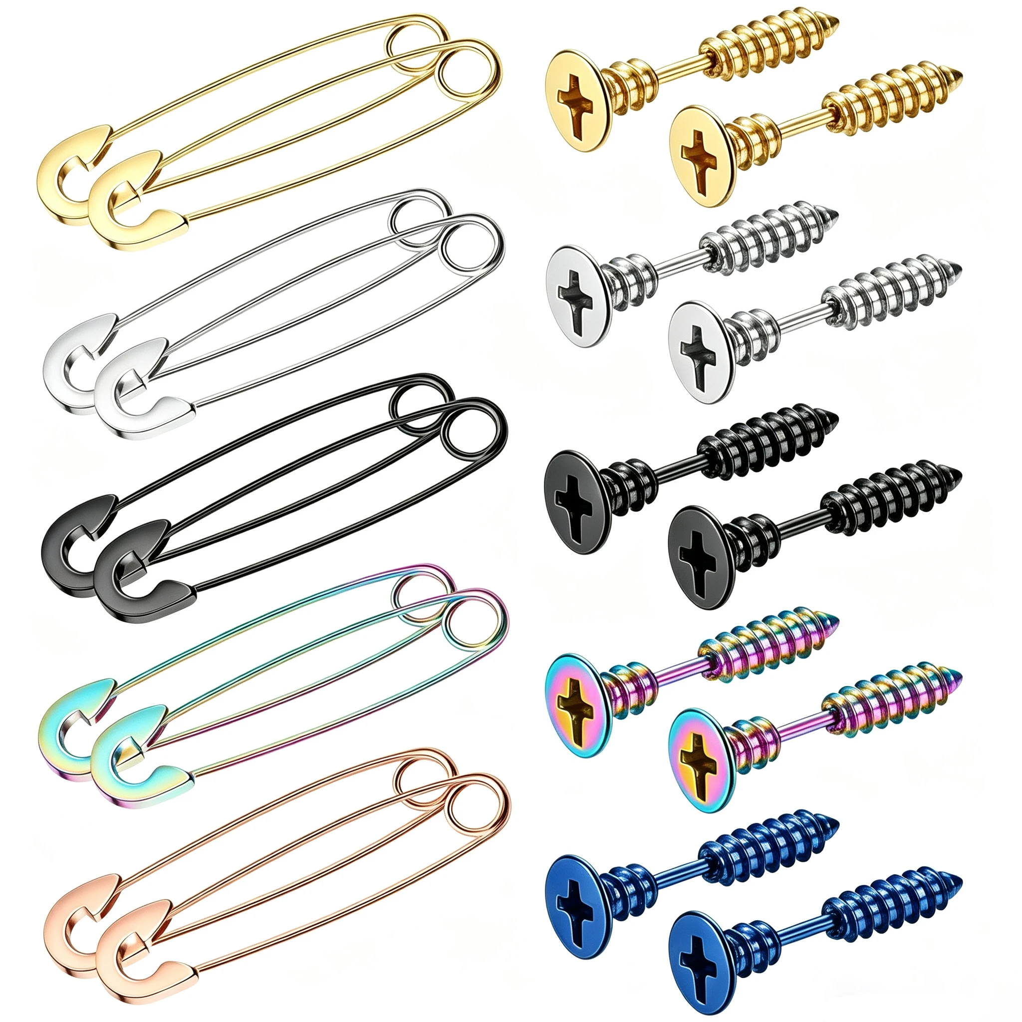 Mixed Stainless Steel Unisex Ear Stud/Earring Set – Punk Goth and Hip-Hop Style Cross  Screw and Safety Pin Designs