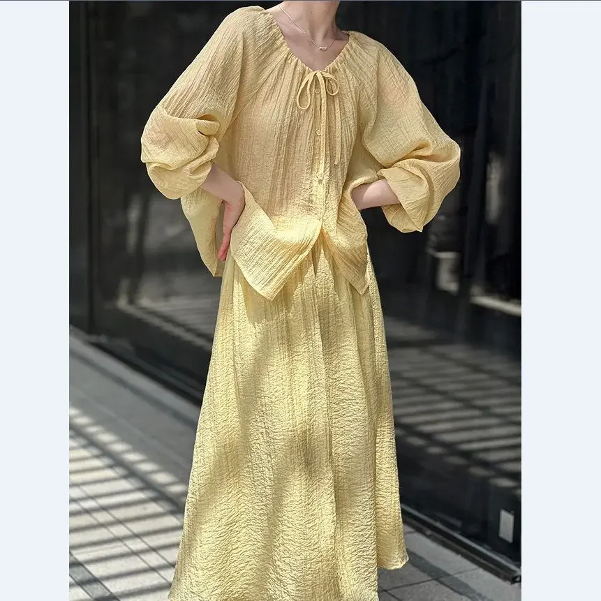 Oversized Temperament Simplicity Two-piece Suit Spring 2025 New Lacing Drawstring Pleated Skirt Blouse Fake Two Pieces Women's