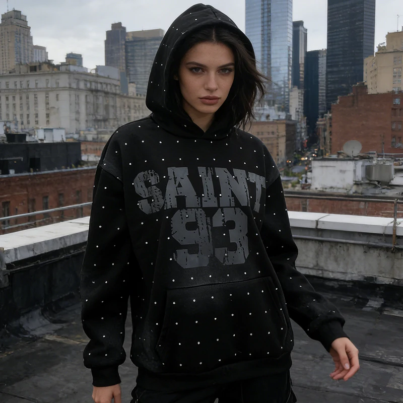 

Готические худи с принтом в стиле Darkwear, повседневные модные толстовки с эффектом состаривания и стразами, осенне-зимние декоративные свободные пуловеры с длинными рукавами