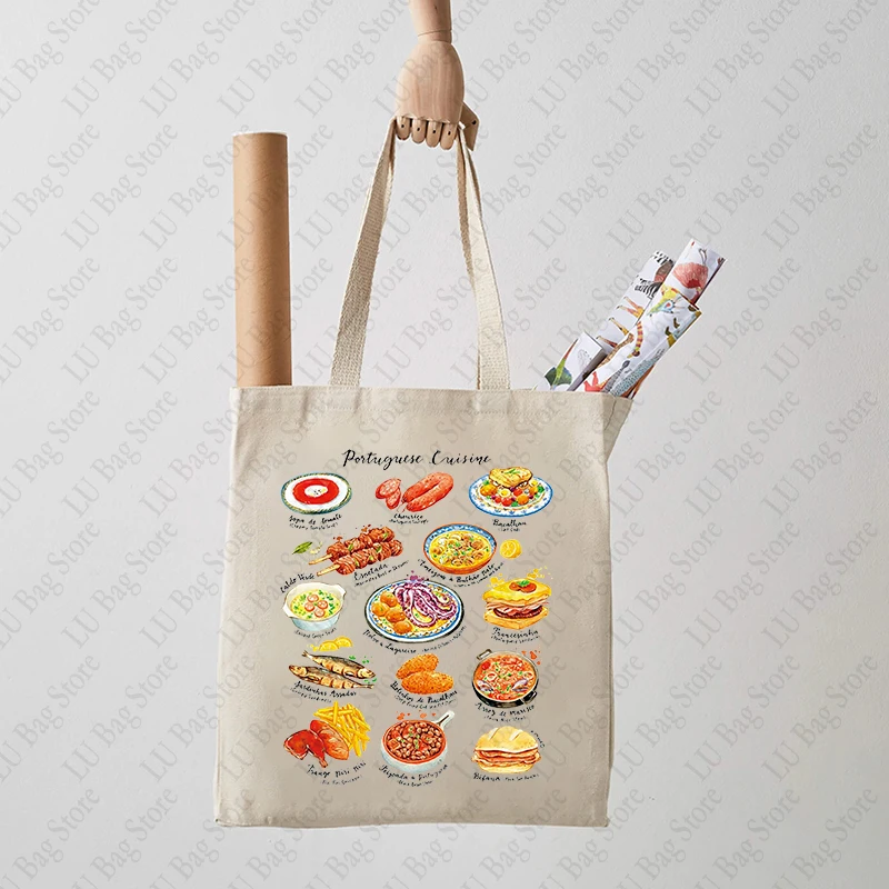 Portuguese Cuisine Tote Bag Portugal Travel Gifts Portugal Shoulder Bags Portuga Trip Merchandise Pattern Canvas Shopping Bag