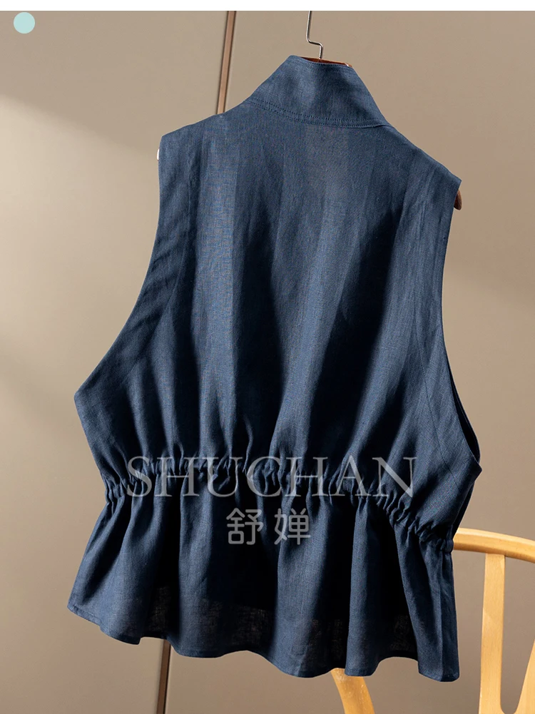 100% Linen Safari Style Drawstring Waist Stand-up Collar Vest Jacket Female 27C2 Vest Women Casaco Feminino