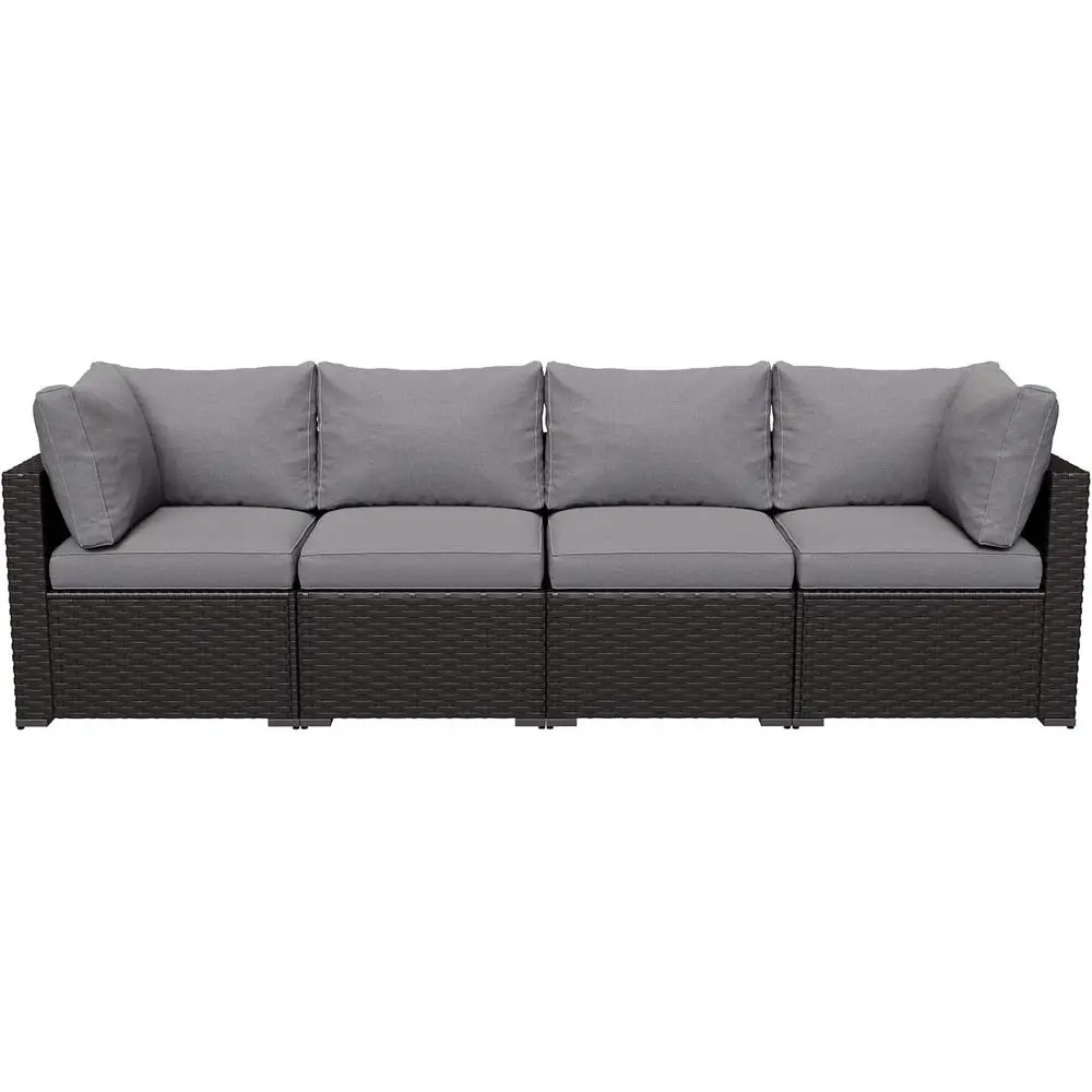 

Серый плетеный диван-гарнитур из ротанга для улицы с мягкими подушками