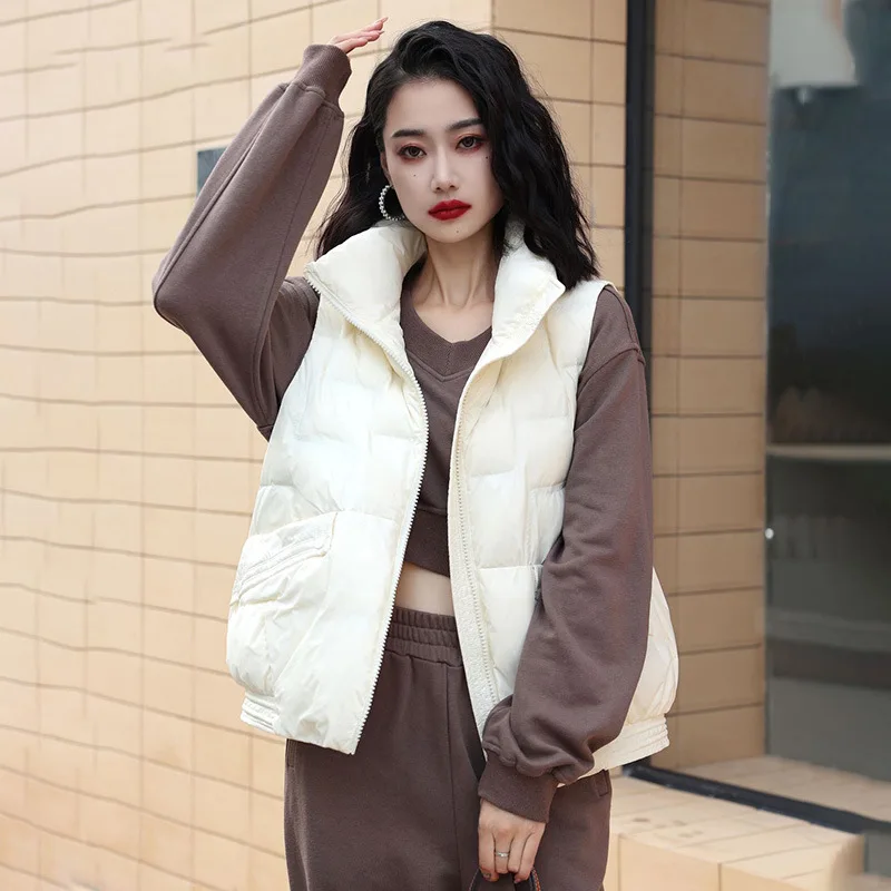 Winter White Duck Down Vest For Woman Sleeveless Short Puffer Jackets Woman Stand Collar Waistcoats  chaquetas para mujer JK-168