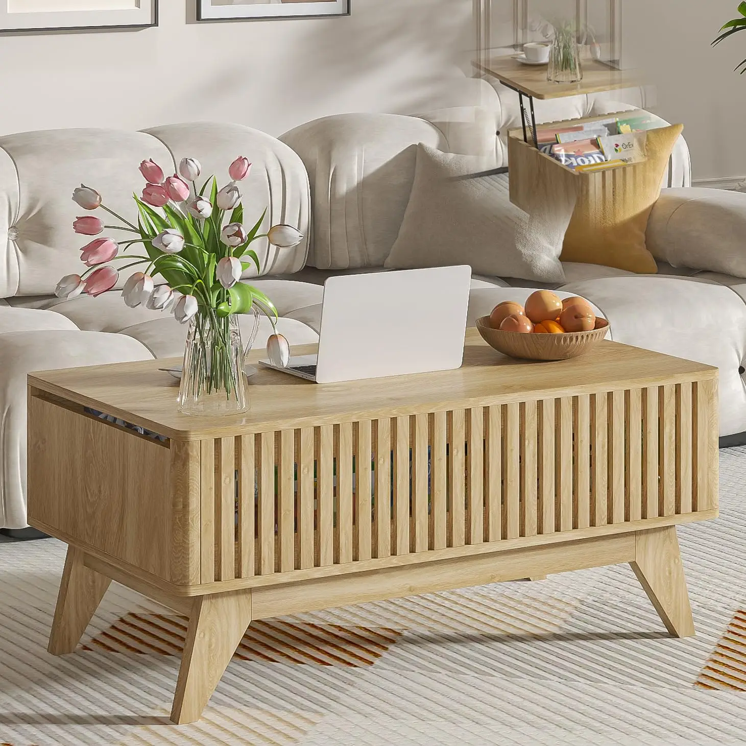 

Lift Top Coffee Table with Hidden Compartment, Mid Century Modern Coffee Table for Living Room, Fluted Design, Customized