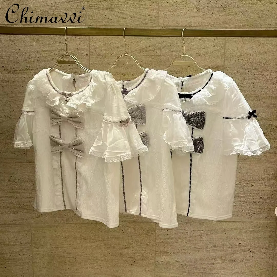 ญี่ปุ่นลิซน่ารักเพชรปุ่มโบว์มุกลูกปัดคอเสื้อหวานสาวหวานแขนสั้นเจ้าหญิงโลลิต้าเสื้อ