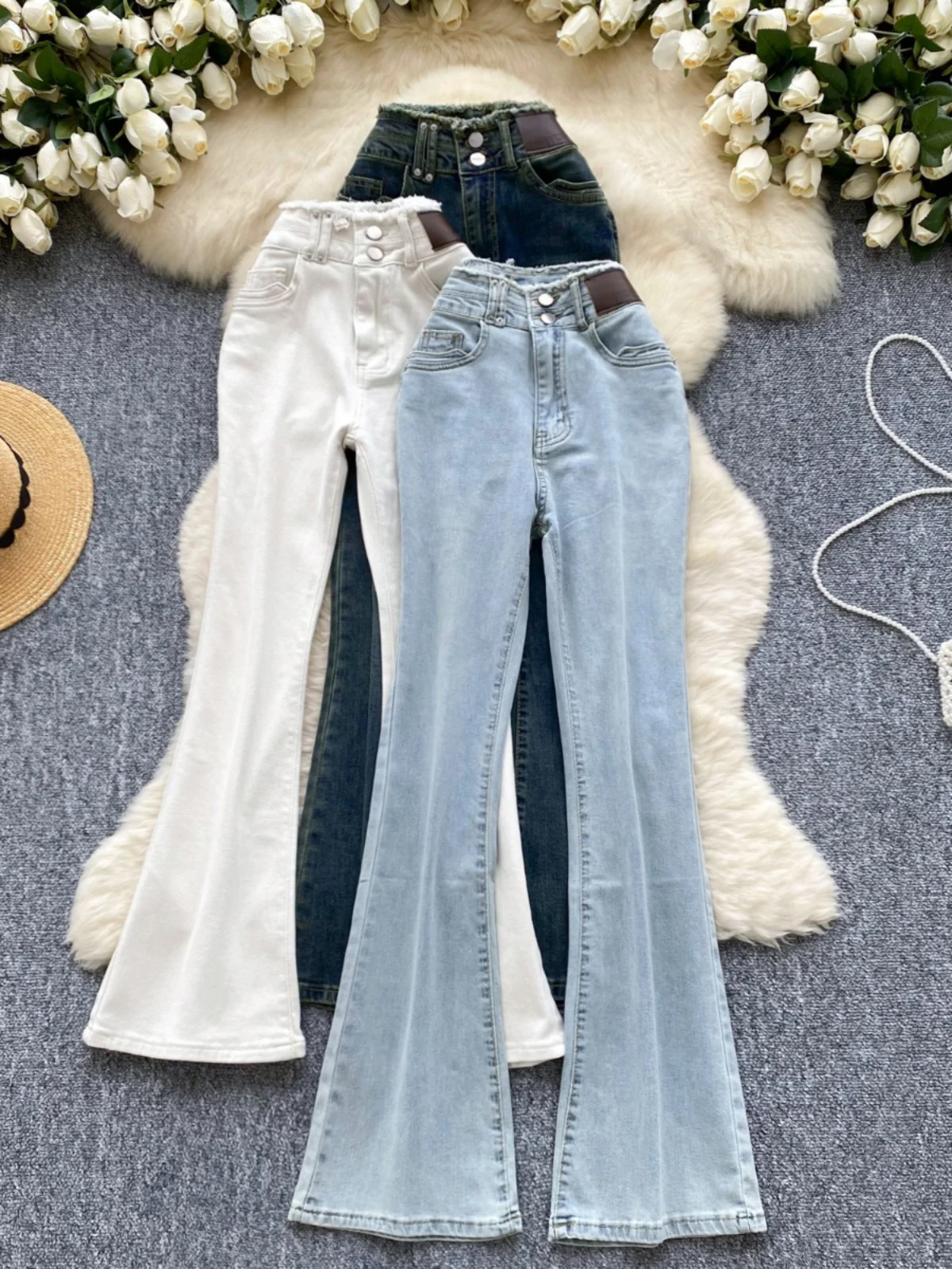 

High Waist Two Button Denim Jeans Women's Retro Waed Elastic Slimming Casual Flared Long Pants Autumn Season Ladies Jeans