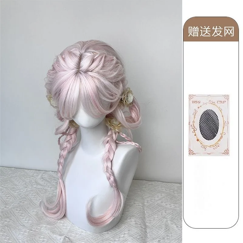 Roze pruik, lang haar, kunstmatig gesimuleerd haar anime spelaccessoires, cosplay, volledig hoofddeksel, krullend haar, fotoshow rekwisieten