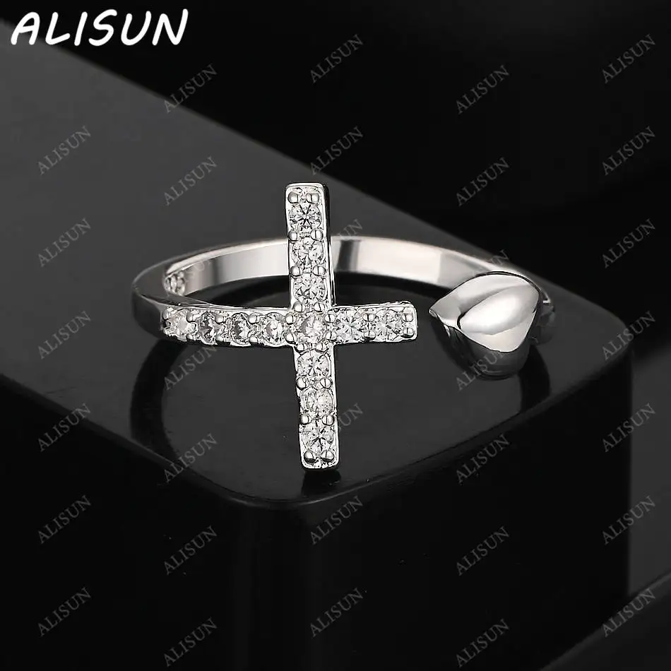 

ALISUN 925 Sterling Silver Zircons Cross Open Ring For Women Men Fashion Jewelry Vintage Grace Charm Noble Party Birthday Gifts