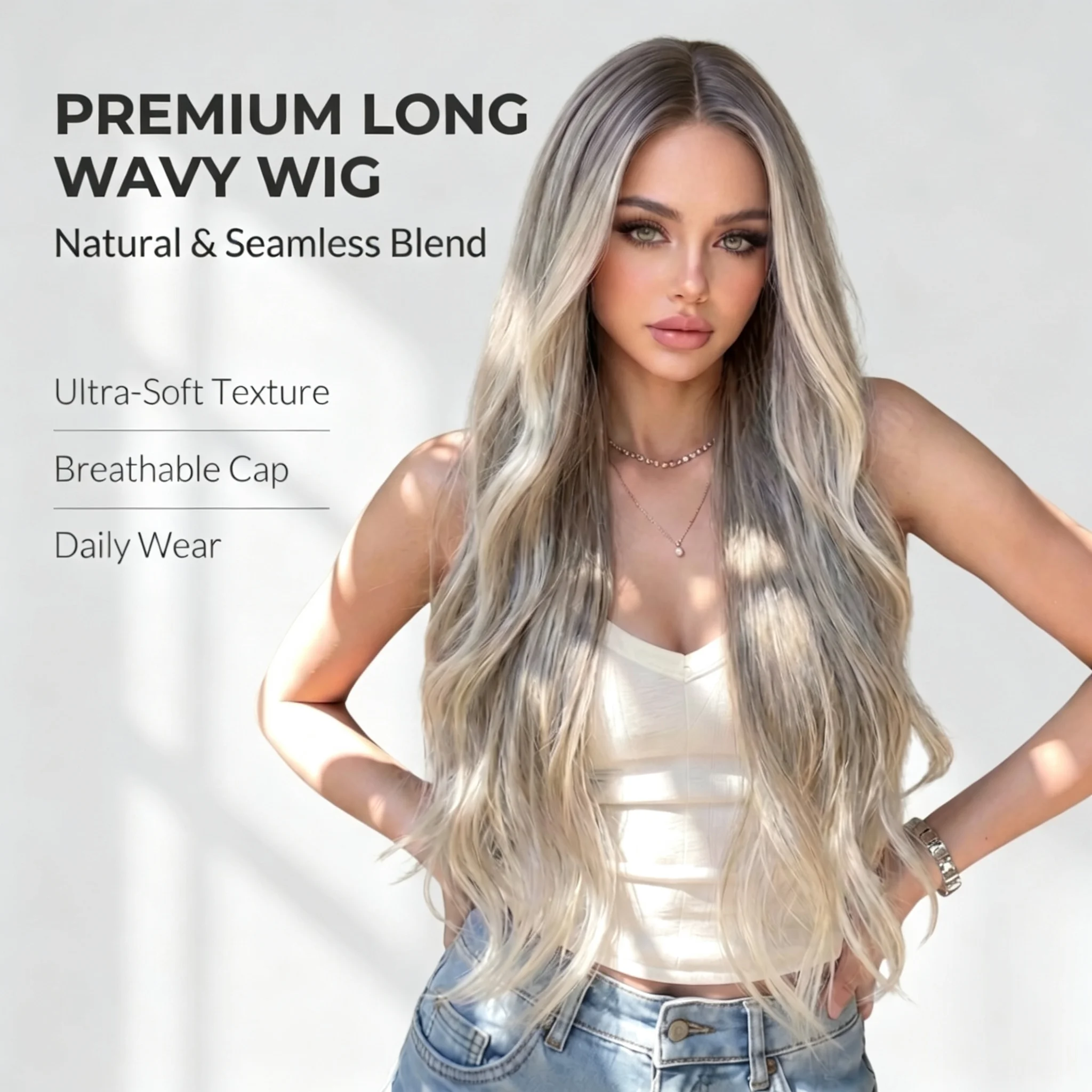 26-inch Ombre Golden Long Wig for Women Full Cap Synthetic Hair Realistic Natural Look Breathable Wig