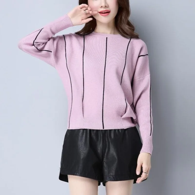 

Autumn and Winter Women's Pullover Round Neck Open Thread Decoration Sweater Loose Stripe Bat Sleeve Fashion Long Sleeve Tops