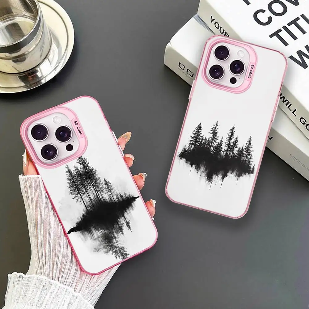 

Fantasy Style Black Pine Tree Phone Case For iPhone 16,15,14,13,12,11,Mini,Pro,MAX Pink Matte Shockproof Cover