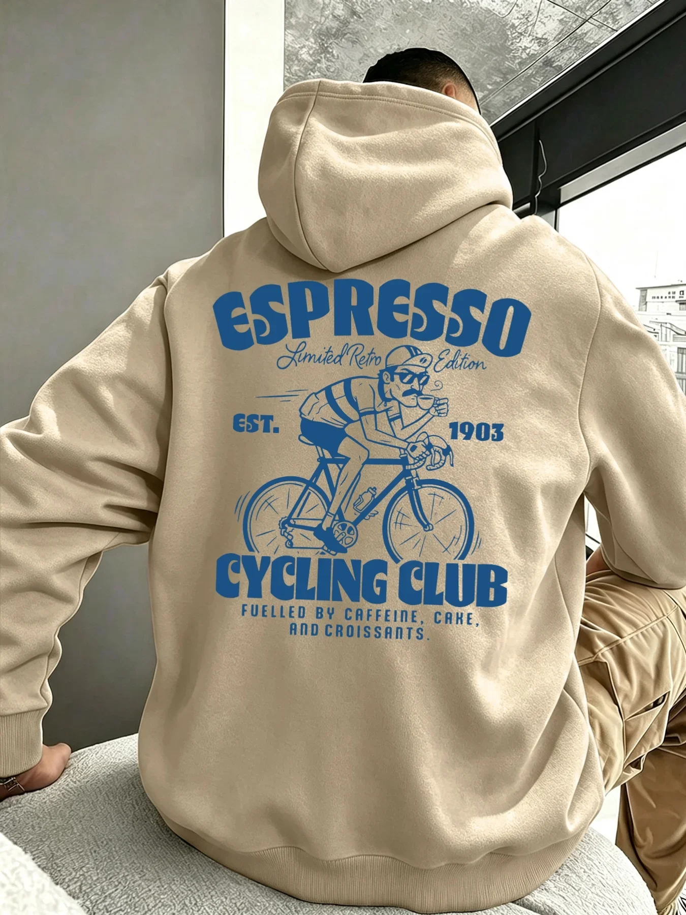 Men’s Vintage Biker Coffee Club Graphic Hoodie Oversized Pullover Sweatshirt Fleece Lined Autumn Winter Streetwear