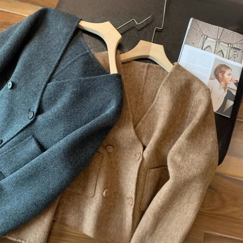 

Women's V-neck Camel Wool Handmade Double-Sided Tweed Coat 4K Hejia Classic Edition F103111