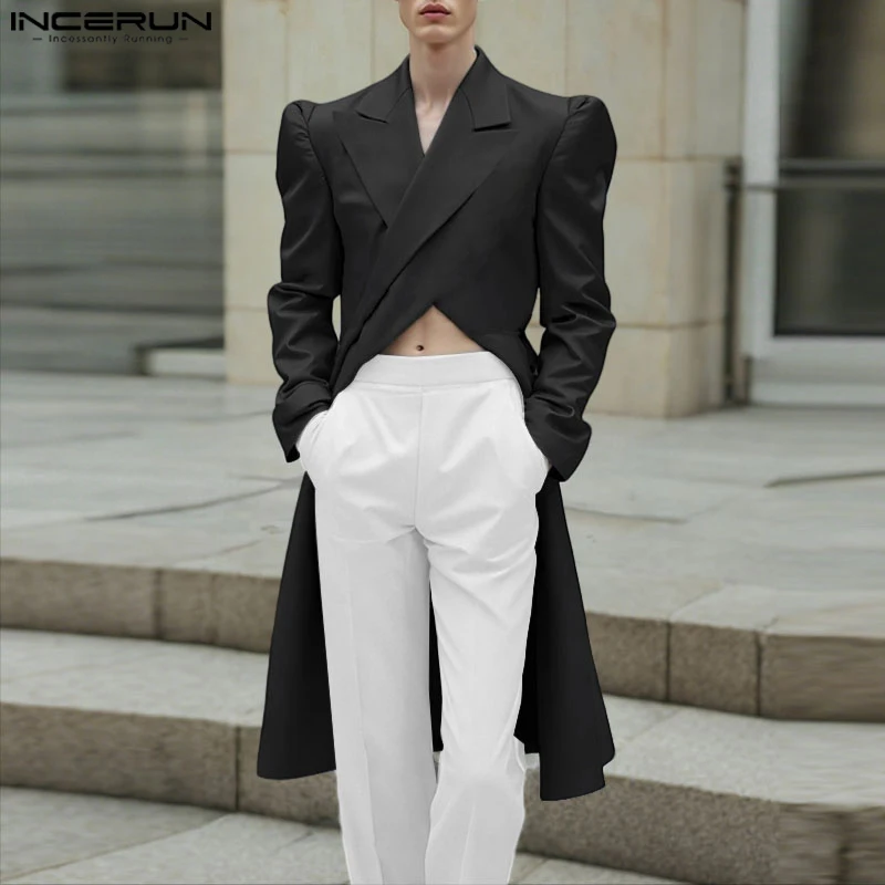 INCERUN Men Long Style Blazer Lapel Long Sleeve Irregular Suit Men Streetwear Loose 2025 Fashion Solid Casual Male Thin Coats
