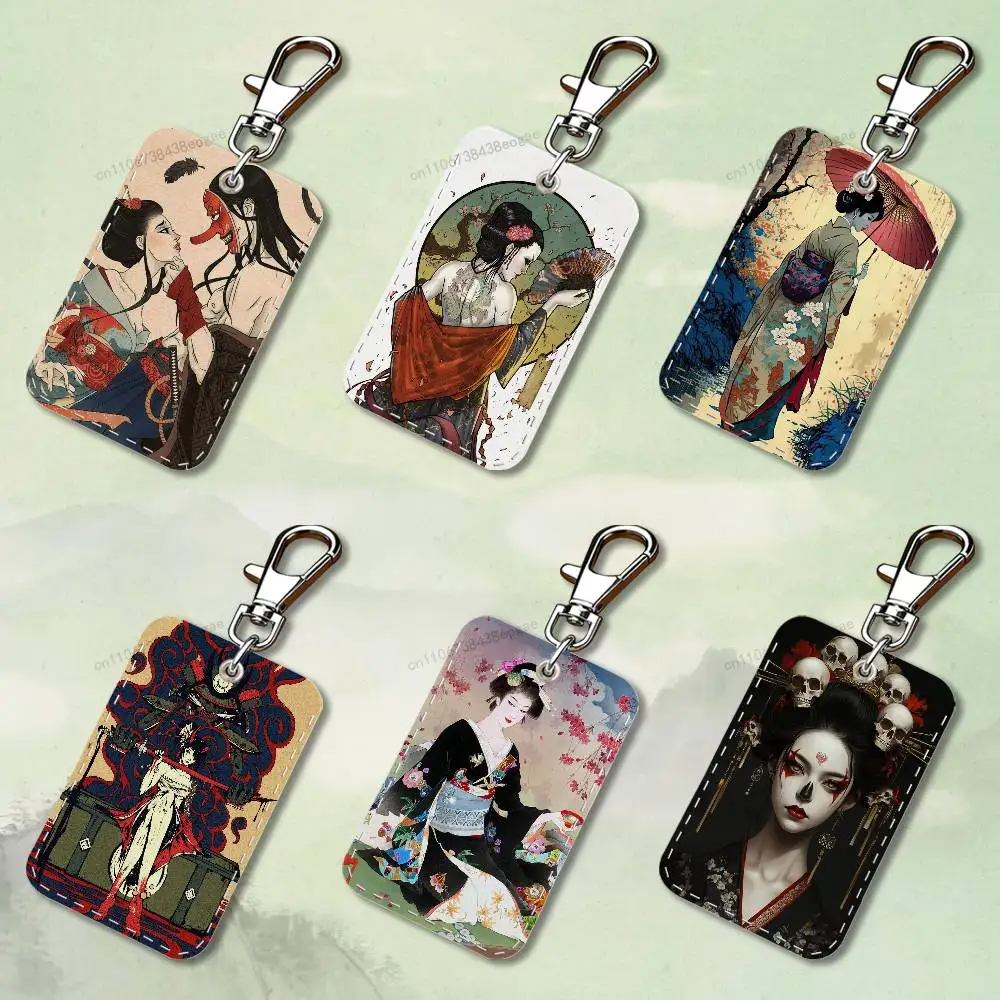 

Japanese Art Geisha Rectangle Card Case Keychain Access Card Bag Key Tag Ring Leather Card Holder Key Ring Access