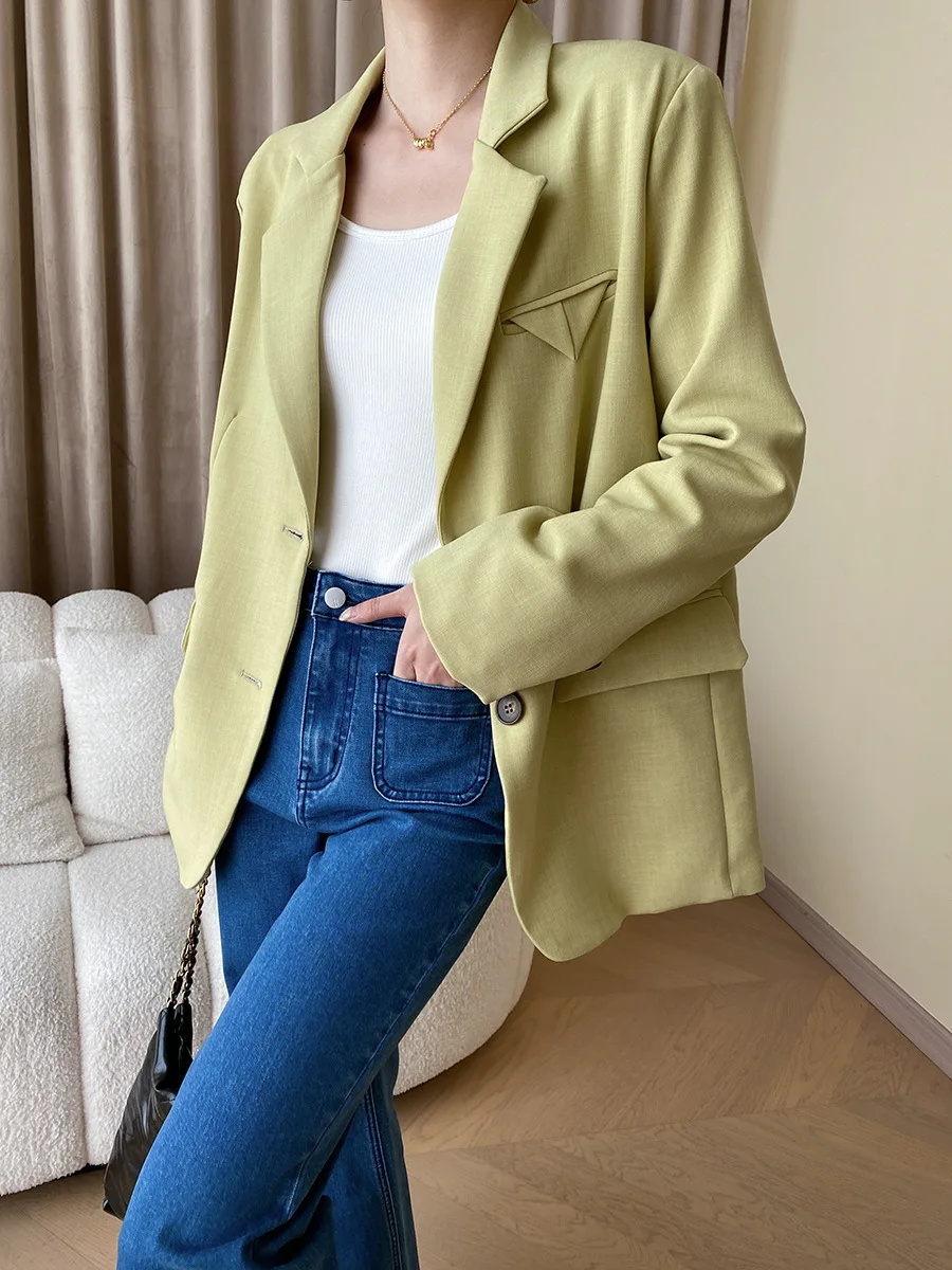 ENjoyce 2023 Autumn Women Vintage Triangle Pockets Design Blazer Korean Long Sleeve Suit Ladies Workwear Jacket Outerwear Coats