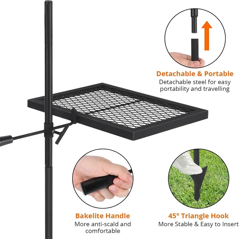 Grelha giratória para fogueira, grelha de aço inoxidável resistente, grelha para fogueira, itens essenciais para acampamento portáteis