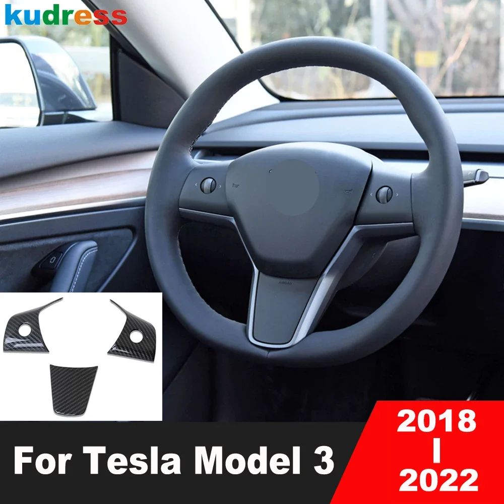 

Car Steering Wheel Panel Cover Trim For Tesla Model 3 2018 2019 2020 2021 2022 Carbon Fiber Interior Mouldings Accessories