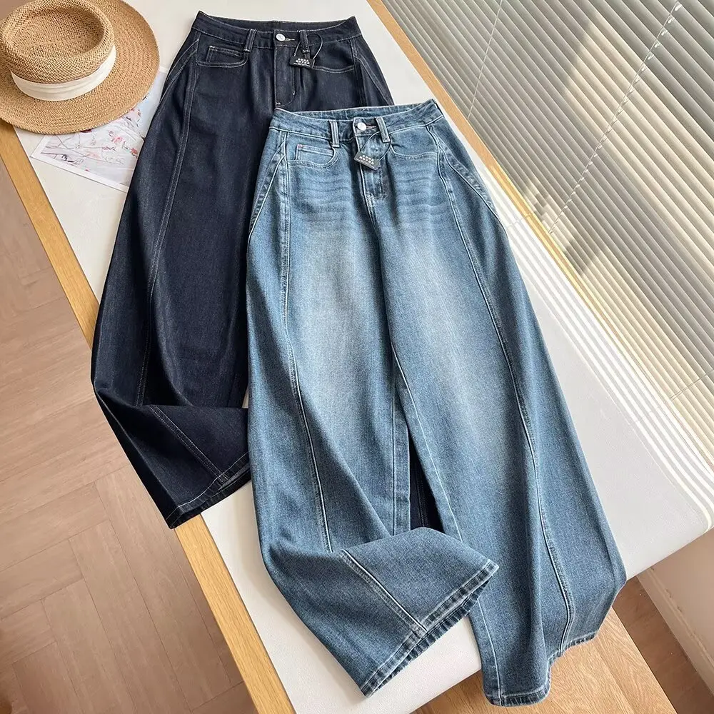 

Ретро прямые джинсы с высокой талией и объемной талией, женские осенние хлопковые эластичные прямые джинсы с высокой талией