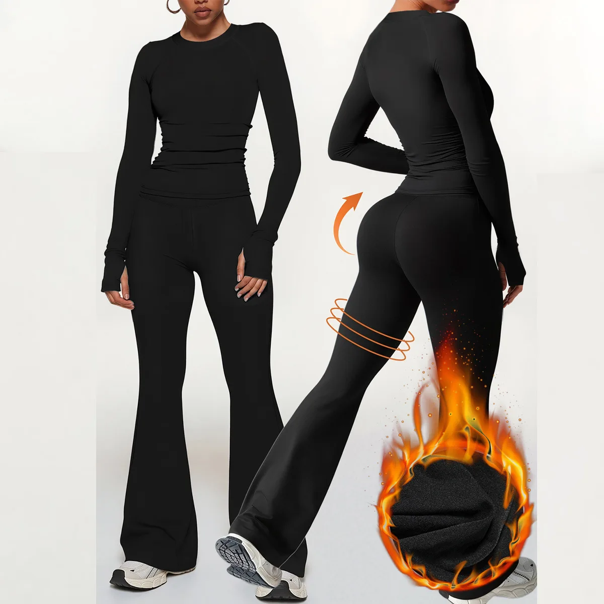 2025 Nuevo extractor cálido de otoño e invierno, top de manga larga, pantalones largos ligeramente acampanados, deportes ajustados, fitness y yoga