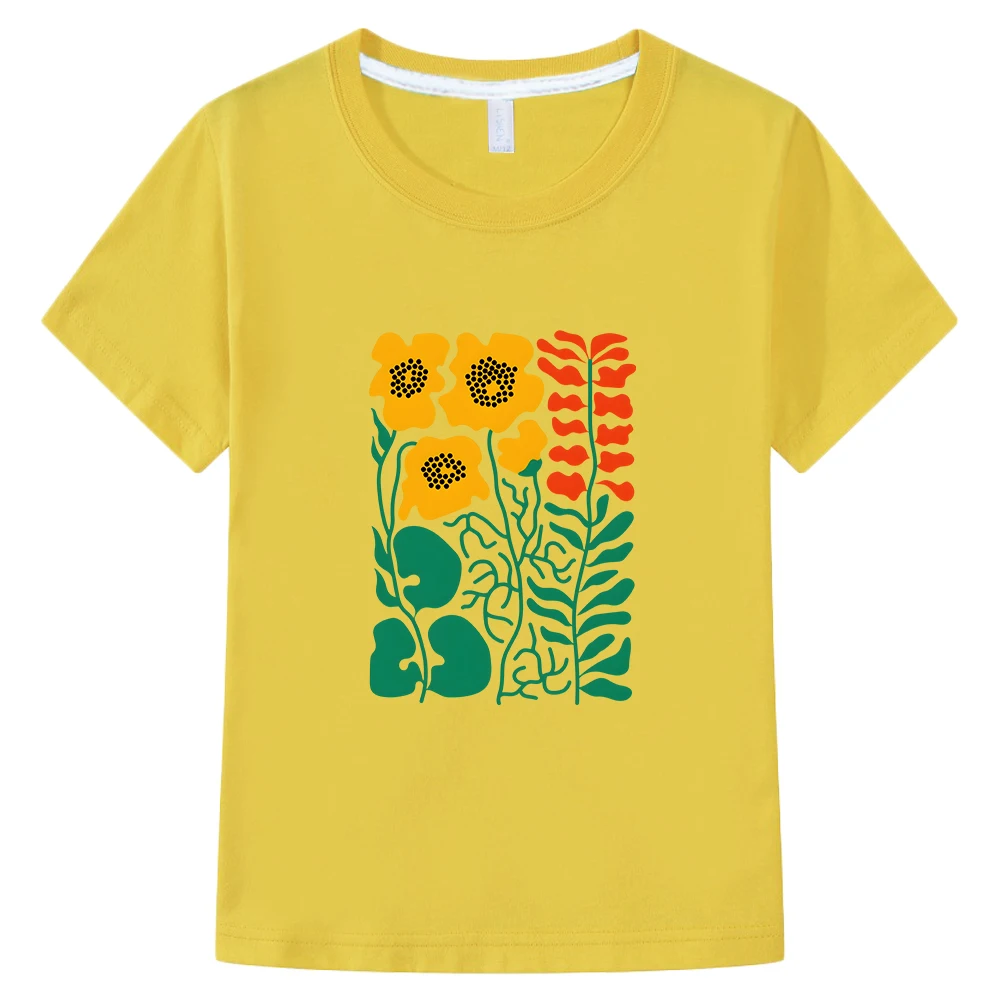 Hhenri Mmatisse Leaf Flowers T-shirts for Children Short Sleeve Summer Tees 100% Cotton Cartoon Printing Tee-shirt Boys/Girls