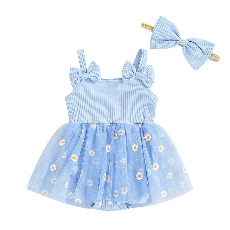 Newborn Baby Girl Outfit Dasiy Print Tulle Romper Dress Ribbed Sleeveless Bodysuit with Bow Headband Summer Clothes