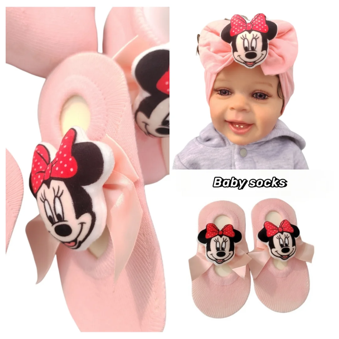 Disney Pink cartoon anime Knot Baby headband Elastic Headband Baby girl Headband Children\'s hair accessories and non-slip socks