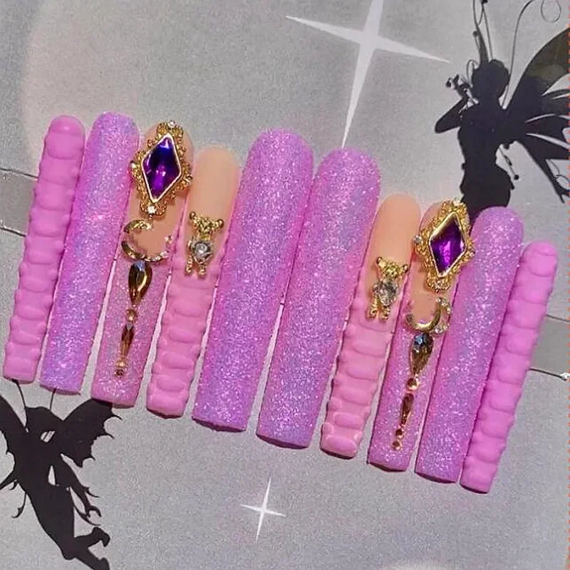 Handmade Luxury 3XL Full Cover False Nail Tips Glittery Rhinestone Press On Nails Y2K Reusable XXL XL Long Fake Nail With Glue