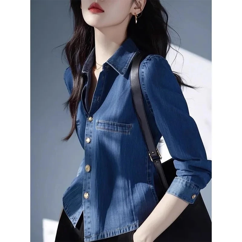 

Ladies Short Jeans Jacket Spring Autumn Single Breasted Cardigan Denim Shirt Women Laper Collor Blue Denim Coat Wild Tops
