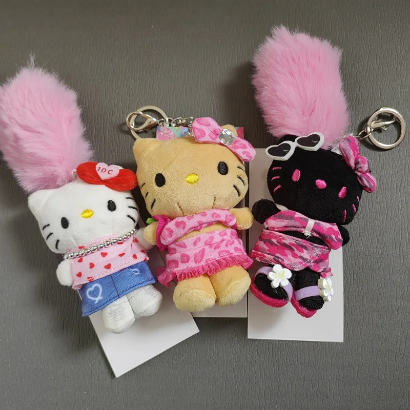 Zwart lederen huid Hello Kitty roze luipaard badmode stijl knuffels hanger schattige engel Kitty kat gevulde pop sleutelhanger