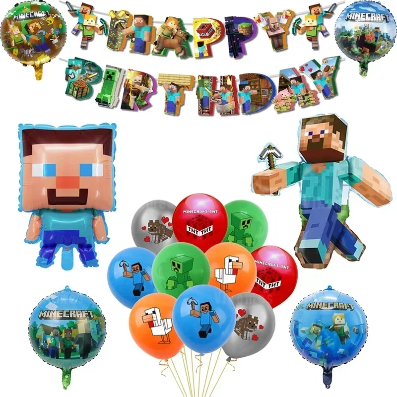 Minecraft Balloons Pixel Game Happy Birthday Banner Party Decoration Cup Plate Disposable Tableware Cake Topper Supplies Toys