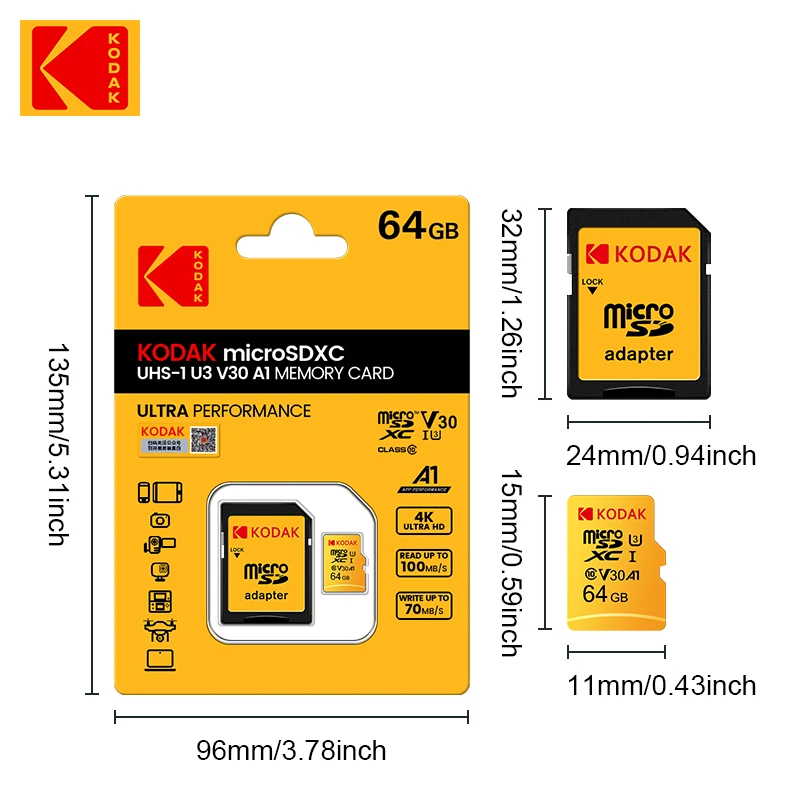 Kodak Memory Card High Speed 100MB/s 32GB Class 10 UHS-I 64GB 128GB 256G Micro SD Card V30 U3 TF Card for Camera Smartphone Game