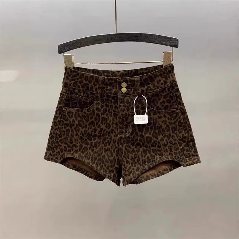 Women's Vintage Leopard Print High Waist Denim Shorts Double Button Curved Hem Sexy Hot Pants with Pockets Summer Streetwear