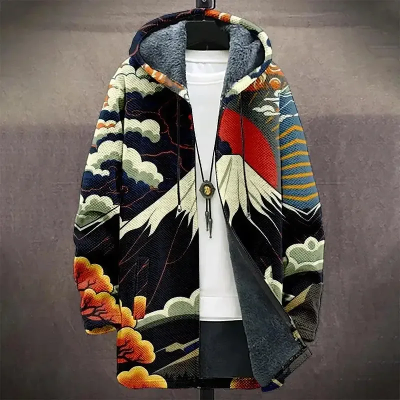 

3D Men Cardigans Coats Stripes Geometric Art Graphics Printed Plush Thick Winter Zipper Casual Streetwear Unisex Clothing