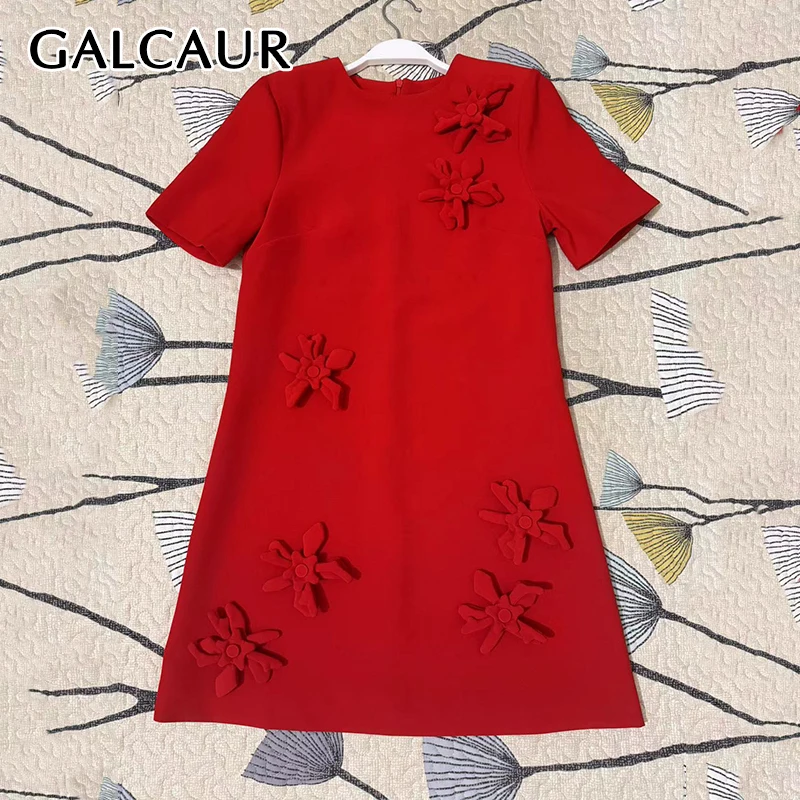 

GALCAUR Solid Spliced Appliques Vintage Mini Dresses For Women O Neck Short Sleeve High Waist Elegant Dress Female Clothing New