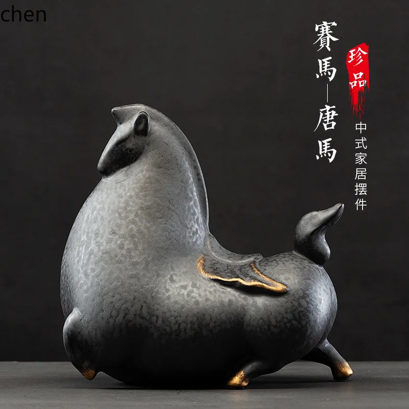 

HTT Creative Wealth-Attracting Ceramic Horse Ornament New Chinese Style Home Living Room Office Study Decoration Craft Gift