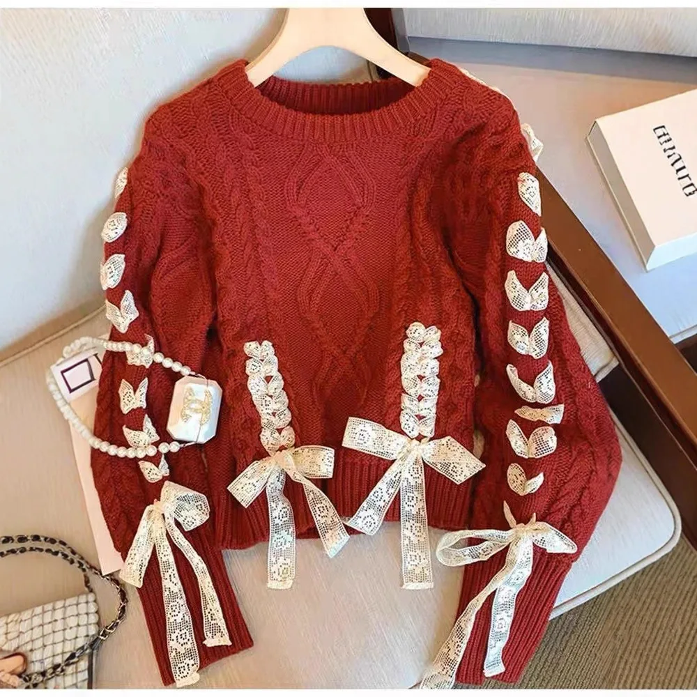 

Autumn and Winter New Bow Tie Tie Pullover Long Sleeved Sweater for Women with A Niche and Lazy Style Knitted Top