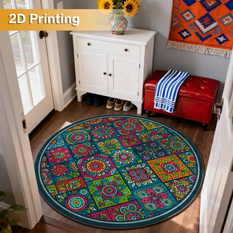 Newest 2D Round Carpet Mexican Floral Tile Patchwork Round Rug Non Slip Colorful Boho Entry Floor Carpet