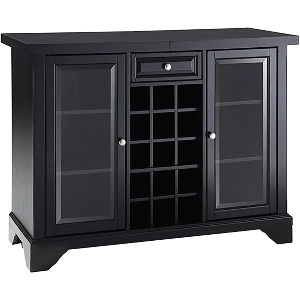 

Sliding Top Bar Cabinet with Storage Shelves, Drawer, and Wine Rack, Black