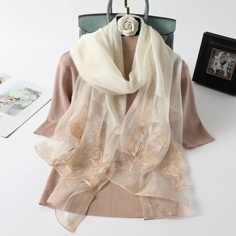 New Hand-nailed Silk Scarf Mulberry Silk Spring And Autumn Thin Silk Wool-blend Embroidered Scarf Shawl