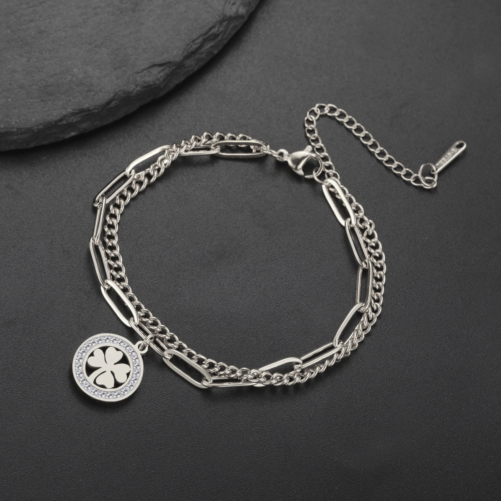 COOLTIME Edelstahl Runde Klee Armbänder Frauen Mode Klassische Zirkon Kristall Armband für Frauen Schmuck Geburtstag Geschenke – Detail 4