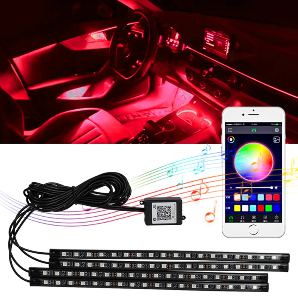 Car Interior Ambient Foot Light with USB Wireless Remote Music APP Control Auto RGB Atmosphere Decorative Lamp Neon 36 48 72 LED