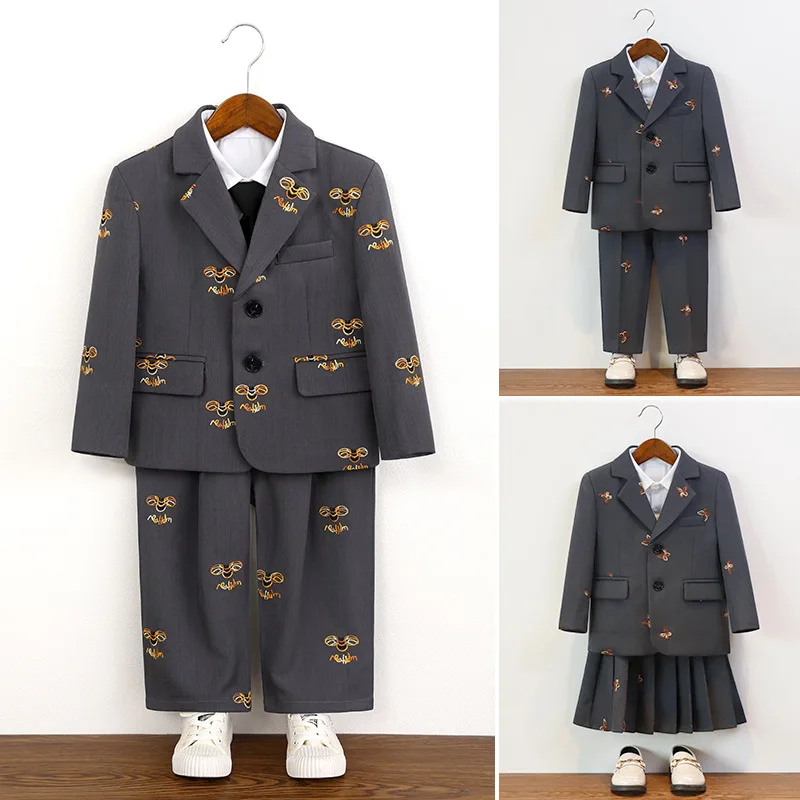 Kids Embroidery Suit Blazer Skirt or Pants Sibling Matching Outfit Girls Boys Wedding Ring Bearer Birthday Formal Costume 2-12Y