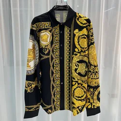 Golden Hawaiian Shirt Men's Fashion Shirt Luxury Floral Shirt Long Sleeve Beach Shirt European Style Men's Comfort Top