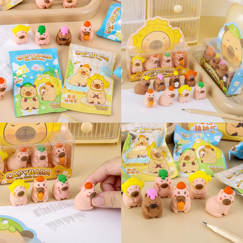 1/4pcs Cute Stationery Capybara Eraser Children Toys Kindergarten Reward Pencil Rubber Gifts Capybara Eraser Blind Box Random