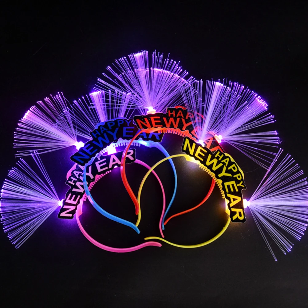 

4pcs Happy New Year Letter Luminous Fiber Headband Glowing Hair Hoop Party Masquerade Replacement Batteries Random Color